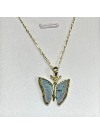 Pingente borboleta de turmalina bicolor em ouro 18k